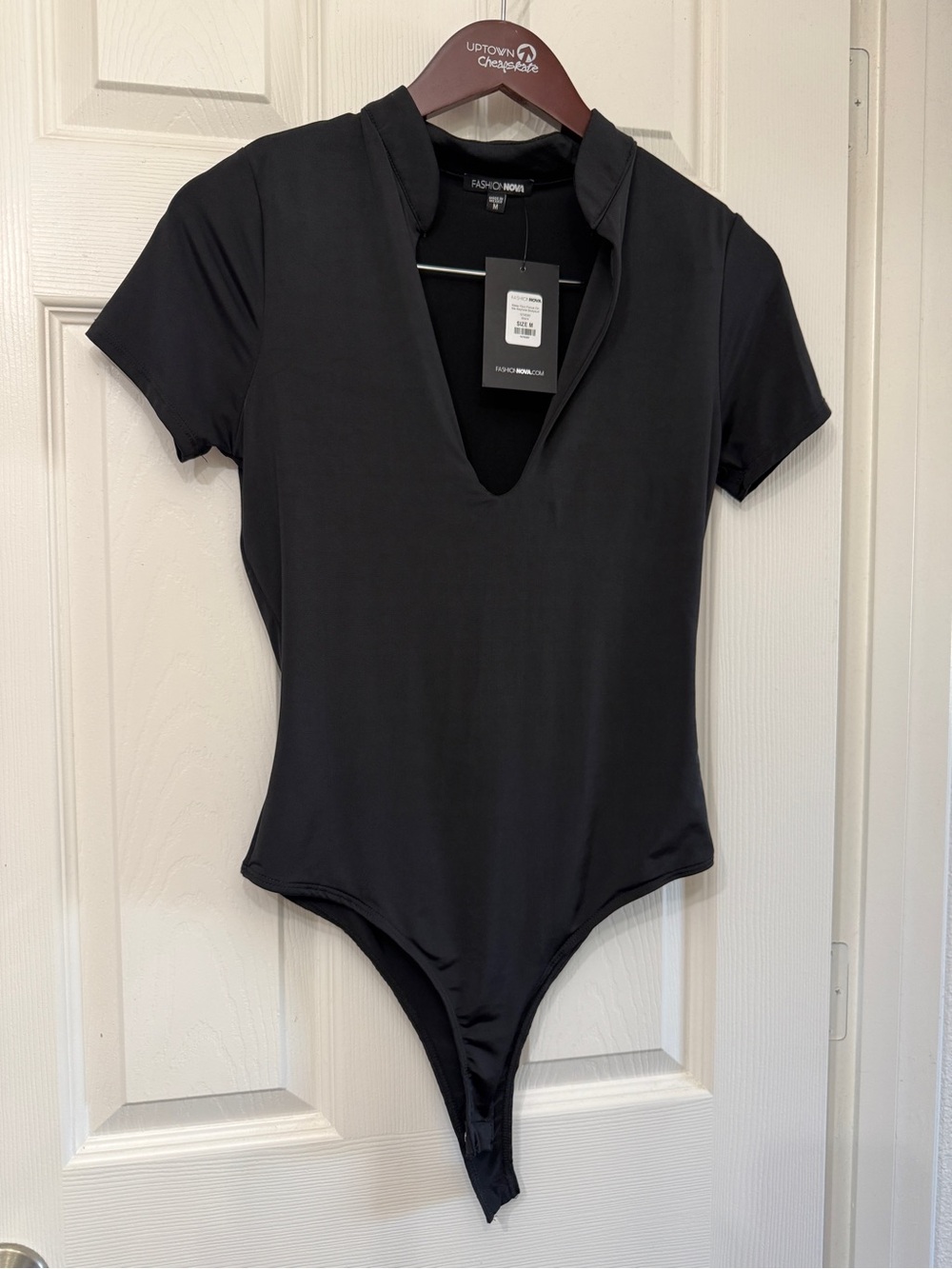 FASHION NOVA Black Short-Sleeve V-Neck Bodysuit